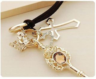 Retro Crown Key Cross Leather Strap Necklace Pendant Sweater Chain