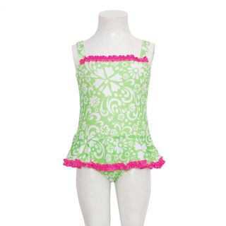 Penelope Mack Toddler Girls 3T Green White Pink Ruffle 1pc Swimsuit