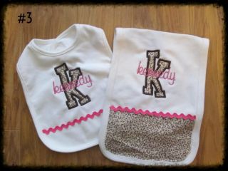 Personalized Monogram Custom Baby Bib Burp Cloth Set Zebra Leopard Camo Hot Pink