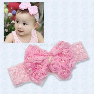 Pink Baby Newborn Rose Bow Lace Peal Headband Cute Toddler Hairband Headdress