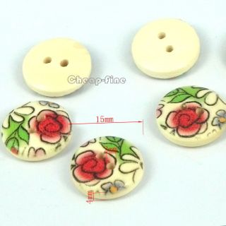 100pcs Big Beautiful Rose Flower Painting 2 Holes Round Wood Sewing Buttons 15mm