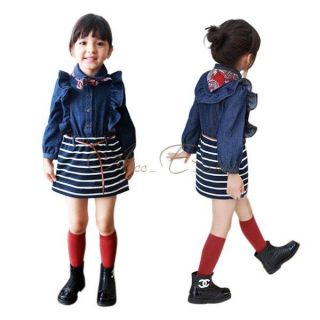 Girl Kids Ruffle Shoulder Denim Top Striped Pageant Dress Skirt Tutu Sz 2 7