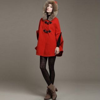Stylish Women's Shawl Cape Hood Faux Fur Parka Poncho Pea Coat Jacket 3 Colors