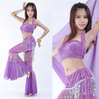 New Shining Belly Dance Costume Top Flares Pants Purple US Seller