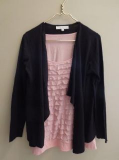 Women's Ann Taylor Loft Pink Ruffled Blouse L Black Cardigan Sweater Size LP