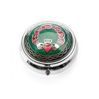 Enameled Irish Claddagh Pill Box with Celtic Knots Green Red