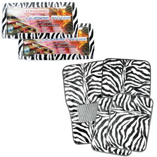 6 PC Set White Zebra Tiger Print Carpet Floor Mats Plastic License Plate Frame