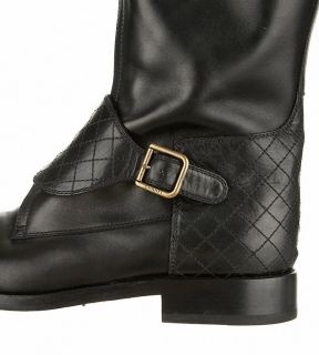 Chanel 12A Black Leather Polo Riding Buckled Knee High Tall Flat Boots $2150