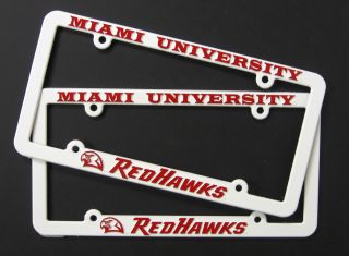 Set of 2 Miami University Redhawks License Plate Frame Ohio White Plastic NCAA