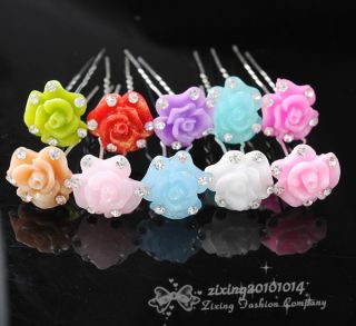 10x Rose w Stone Hair Pins Bridal Wedding Party Hair Accessories Jewelry FC010
