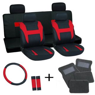 17pc Set Red Black Car Seat Cover Wheel Belt Pads Head Rests Gray Floor Mats