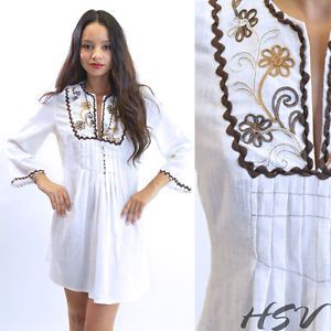 Vtg 70s Cotton Gauze Canvas Hippie Boho Festival Tunic Mini Dress