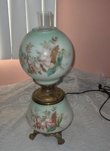 Antique Victorian Oil Lamp Electric Painted Glass Globes Hurricane Lamp Signed