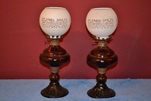 Vintage 1900 Dark Amber Glass Oil Kerosene Lantern Lamps w Frost Etched Globes