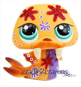 Littlest Pet Shop ♥ LPS ♥ Orange Sparkle Glitter Flower Walrus 2153