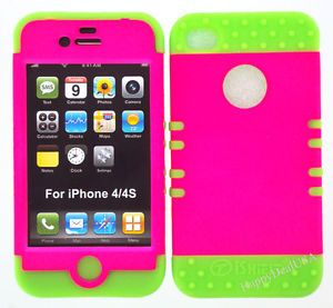 Glow in Dark Green Silicone Neon Pink Cover for Apple iPhone 4 4S Hybrid Case