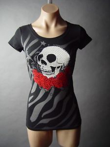 Sale Black Skull Rose Tattoo Design Print Edgy Punk Rock Graphic Tee Top Shirt S