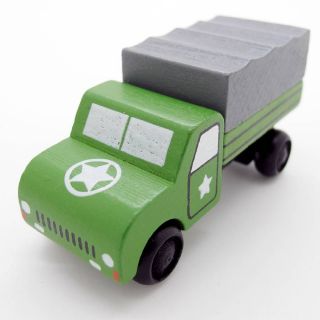 Green White Hand Made Wooden Mini Military Vehicle Soldier Car Baby Kids Toy 077