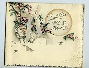 Vintage Greeting Card Newborn Baby Boy Girl Congratulations Mother and Dad