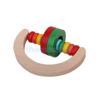 4X Wooden Multicolor Ring Rattle Kids Toy with Cambered Handle