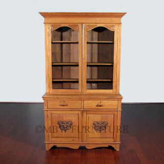 7ft Tall Antique English Golden Oak Victorian Bookcase Curio Showcase c1899 C66