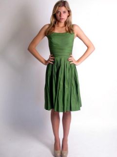 Vtg 50s Avocado Green Pleated Cotton MIDI Day Dress Sun Dress Full Skirt s XS