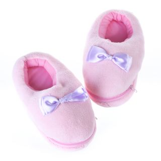 Cute Bowknot Plush USB Foot Warmer Shoes Soft Electric Heating Slipper Pink