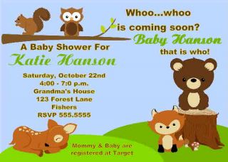 Forest Creatures Animals Owl Baby Shower Invitation 1st Birthday Unisex Boy Girl