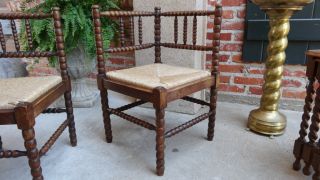 Antique English Victorian Bobbin Corner Chair w Rush Seat
