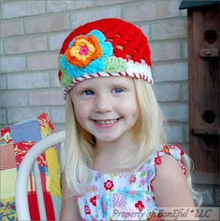 BonEful RTS New Boutique Crochet Knit Red Flower Winter Xmas Holiday Hat 4 Girl