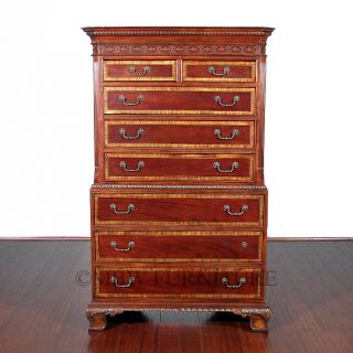 6ft Tall Mahogany English Inlaid 8 Drawer Chest on Chest Dresser 9150