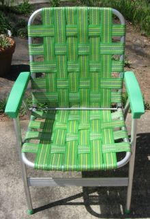 Vintage Aluminum Folding Webbed Lawn Chair Green Yellow Patio Deck Beach