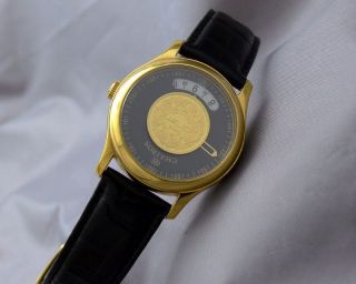 RARE Swiss Chairos Qnet Jump Hour Limited Ed 24K Solid Gold Coin Date Man Watch