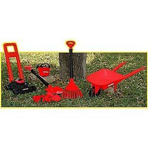 Kids Childs Garden Tool Toy Set Wheelbarrow Lawn Mower Rake Shovel Craftsman New
