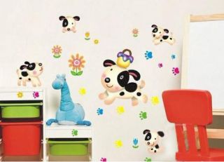 Happy Puppy Dog Sunflower Mural Art Removable Decal Footprint Wall Sticker Kids