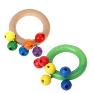 Colorful Wooden Multicolor Ring Rattle Bell Kids Toy with Cambered Handle New
