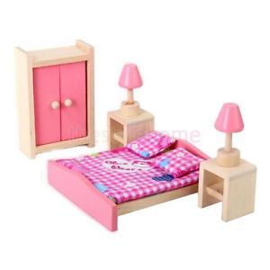 Wooden Doll House Furniture Kid Fun Pretend Play Toy Bedroom 5pc Set Miniature