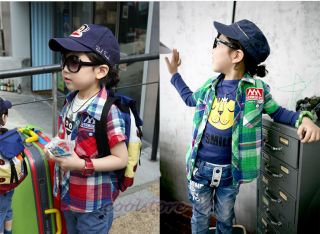 Summer Kids Boys Checked Plaid Cotton Casual Clothing Short Sleeve Tops C301