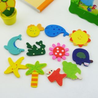 12pcs Mixed Wood Cartoon Fridge Magnets Kids Education Toy Home Ornaments A3