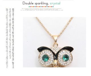 Fashion Blue Crystal Owls Heart Pendant Coat Sweater Costume Chain Necklace XM05