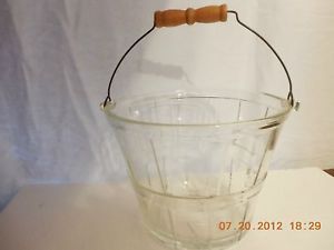 Vintage Anchor Hocking Glass Ice Bucket Pail Bushel Basket Wood Handle