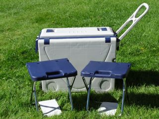 Picnic Camping Cooler Ice Chest Small Table and 2 Chairs Gray White on Wheels