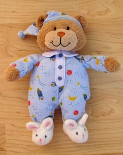 Kids Preferred Tan Plush Bear Blue Outfit Bunny Slippers Rattle Baby Toy Lovey