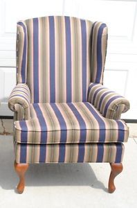 Wingback Chair by Fine Designs Upholstered in Blue Cream Green Striped Fabric