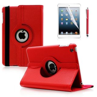 Red Apple iPad Mini 360 Rotating Leather Case Smart Cover w Stand Sleep Wake