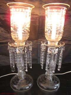 Antique Czech Glass Banquet Lusters Lamps w Hurricane Shades Crystal Drops
