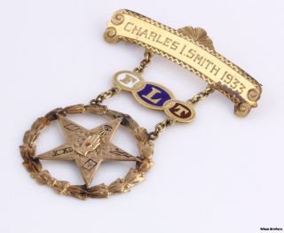 Odd Fellow 1933 Flt Medal Enameled Star Symbol Jewel Estate 14k Solid Gold
