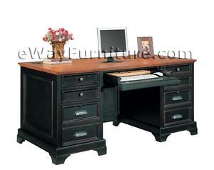 66" Executive Desk Antiqued Black with Cherry Top File Drawers Keyboard Tray