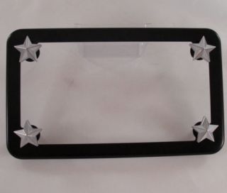 Flat Black Motorcycle License Tag Plate Frame Chrome Star Lic Fastener Bolts