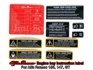 Alfa Romeo 156 Selespeed 147 GTA Engine Bay Instruction Label Stickers Pack
